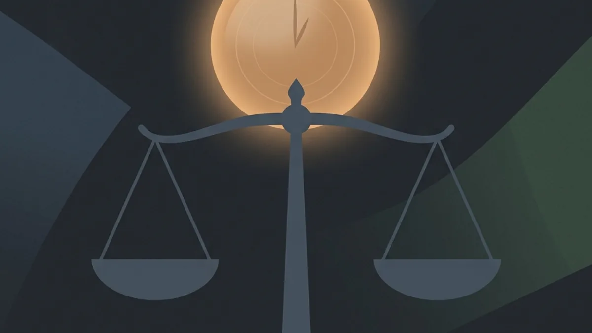 Abstract illustration of a balanced scale beneath a softly glowing clock, representing balance and self-control