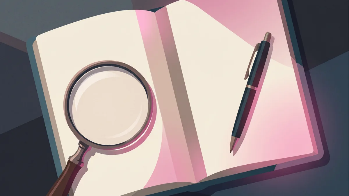 Abstract illustration of an open notebook and magnifying glass, representing an editorial review